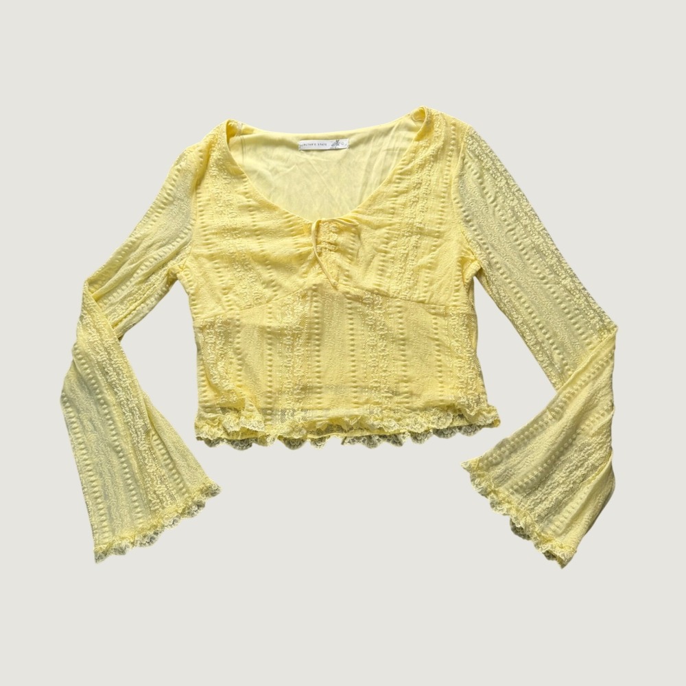 Altar'd State Lace Crop Top L Boho Bell Sleeve Yellow V-Neck Mesh Overlay
